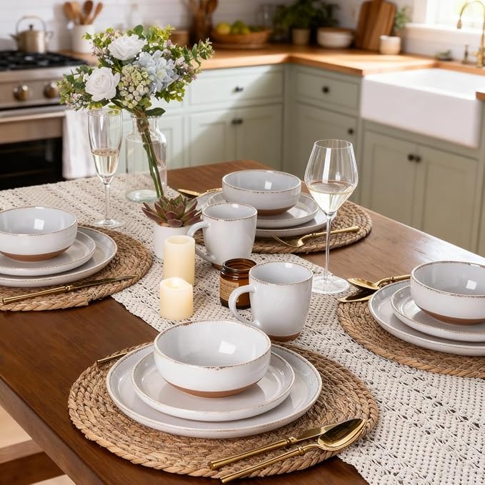 AmorArc 18 Pieces Ceramic Dinnerware Sets for 6, Handpainted Stoneware Plates and Bowls Set with Rustic Terracotta Underside, Scratch Resistant Dishes Set, Dishwasher & Microwave Safe, White