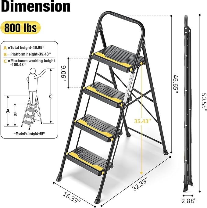 4 Step Ladder, Heavy-Duty Pass 800lb Capacity Test, Wide Anti-Slip Steps & Secure Handrail Compact, Folding Step Stool Portable Design for Home, Kitchen, Office, Pantry, Closet Use, Black