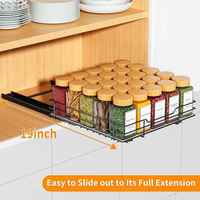 RCHYFEED Pull Out Spice Rack Organizer for Cabinet,Slide out Spice Organization for Inside Cabinets,Heavy Duty Seasoning Organizer Fits Kitchen and Pantry,Sauces,Canned (10.5''Wx10.5''Dx2.5''H)