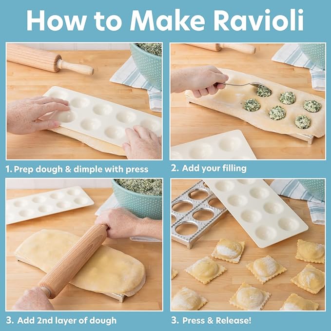 Ravioli Mold with Extra Large 2.5 Inch Squares- Authentic Ravioli Tray & Press, Makes 10 Italian Raviolis at Once, Easy to Use Pasta Maker Kit, Sturdy Construction- Xmas Holiday Seasonal Cooking Gift