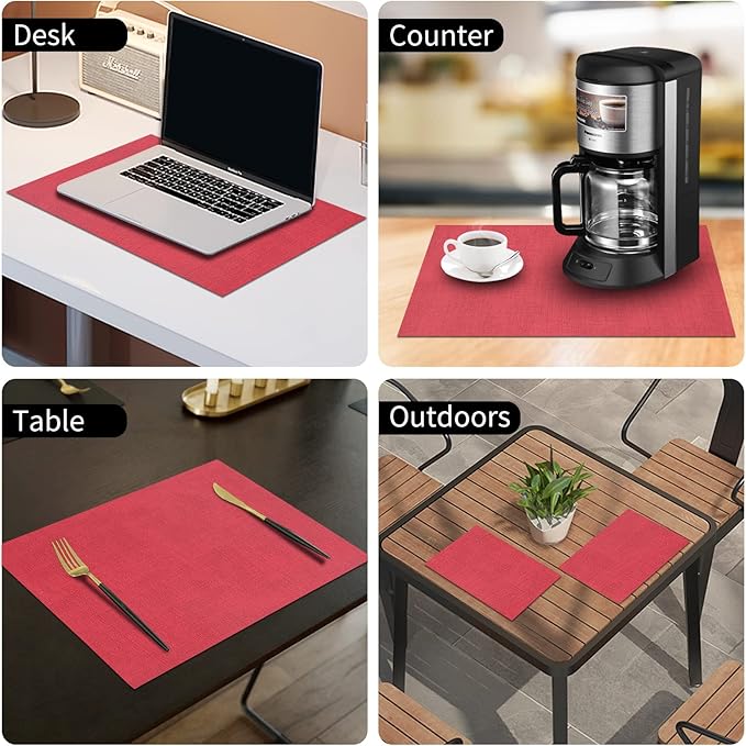 homing Faux Leather Heat Resistant Placemats 6 Packs, Waterproof Wipeable Dining PU Place Mats for Indoor & Outdoor, Easy to Clean, Red