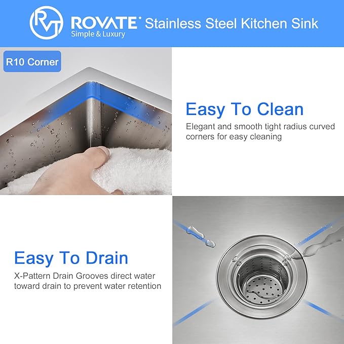 ROVATE 20 inch Kitchen Sink Undermount Single Bowl, Bar or Kitchen Sink Handmade, 304 Stainless Steel Kitchen Sinks with Strainer