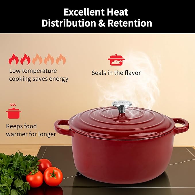 Enameled Cast Iron Dutch Oven Pot with Lid, 3.9 Quart Dutch Oven for Bread Baking, Oven Safe up to 500° F, Suitable for Bread Baking, Braising, Roasting, Stews, Red