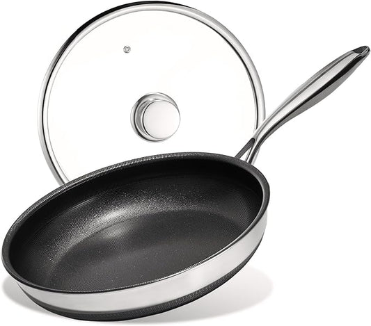 KITEXPERT Non Stick Frying Pans with Lid, 12" Titanium Ceramic Pan Nonstick Stainless Steel Skillet, PFAS PFOA & PTFE Free, Quick-Cool Handle, Dishwasher & Oven Safe, Compatible with All Cooktops