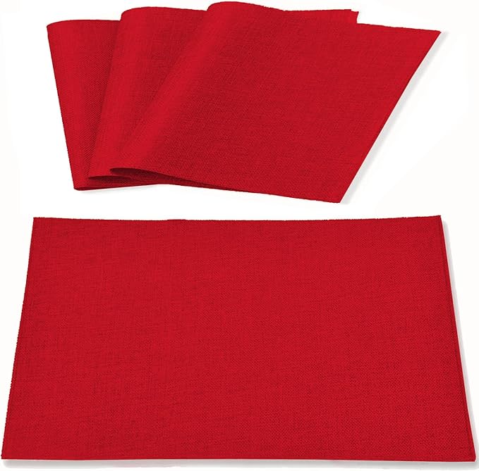 Linen Type Fabric Placemats Set of 4, Machine Washable, Heat Resistant, Wrinkle Free Thick Polyester Kitchen Place Mats for Dining Table (Red)