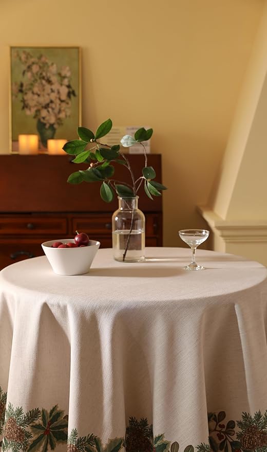 Christmas Tablecloth for Round Tables,Linen Table Cloth with Leaves and Pinecones Pattern,Heavy Durable Table Cover for Dining Thanksgiving Kitchen Decor Party Christmas,Diameter 67"