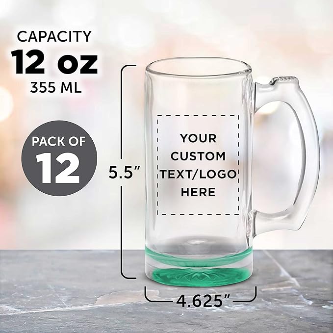 12 Libbey Beer Mugs Set, 12 oz. - Customizable Text, Logo - Groomsmen Glassware - Green