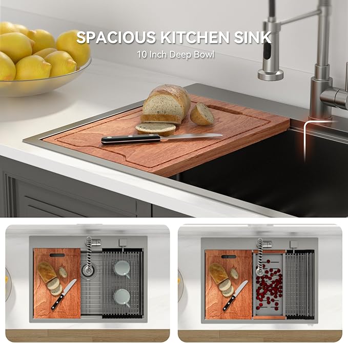 Lordear 30 Black Kitchen Sink Drop In 30 x 22 Topmount Kitchen Sinks Workstation 16 Gauge Stainless Steel Gunmetal Black Single Bowl Topmount Handmade Sink Basin with Drain Strainer