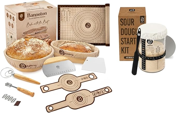 Sourdough Bread Making Kit with 9" Round & 10" Oval Bannetons and 34 oz Starter Jar – Complete Sourdough Kit with Lame, Whisk, Scrapers, Slings, Mat, Spatula & Cloth Covers