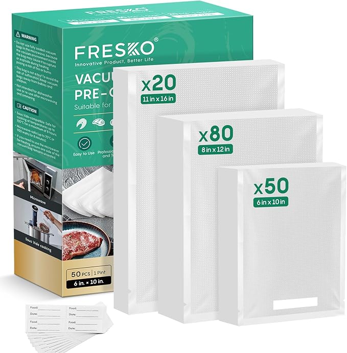 FRESKO Vacuum Sealer Bags, 150 Gallon 11" x 16" and Quart 8" x 12" and Pint 6" x 10" BPA Free PreCut Bag, Commercial Grade Food Vac Bags for Storage, Meal Prep or Sous Vide