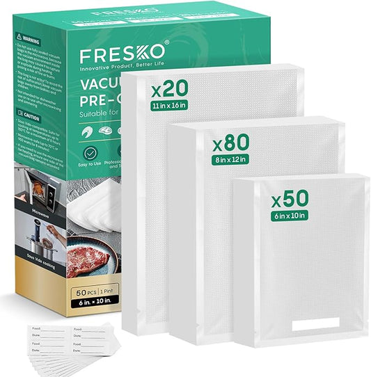 FRESKO Vacuum Sealer Bags, 150 Gallon 11" x 16" and Quart 8" x 12" and Pint 6" x 10" BPA Free PreCut Bag, Commercial Grade Food Vac Bags for Storage, Meal Prep or Sous Vide