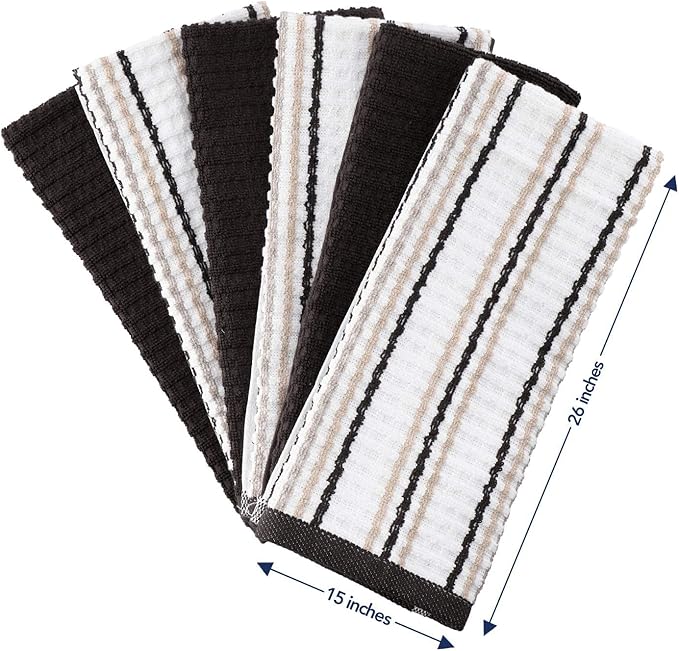 CRAFTSWORTH Kitchen Towels, 15 x 26 Inches, Pack of 6, 400 GSM, 100% Ring Spun Cotton, Solid & Stripe Beige Dish Towels Super Soft and Absorbent, Tea Towels and Bar Towels