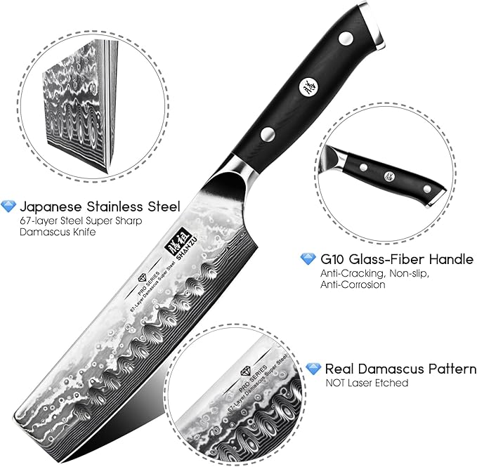 SHAN ZU Chef Knife, Damascus Professional Extra Sharp Kitchen Knife, Japanese High Carbon Super Steel Nakiri Knife with Ergonomic G10 Glass Fiber Handle