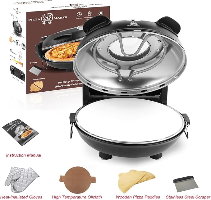 KLAIF 12" Electric Countertop Pizza Oven With Ceramic Stone, Dual Adjustable Temperature Control, Includes 4 Pizza Tools, LMC-Black