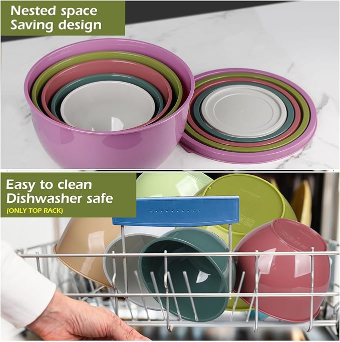 Plastic Mixing Bowls with Lids Set for Kitchen, Nesting Bowls for Mixing, Baking, Prepping, Cooking and Serving Food (5 Set-Purple)