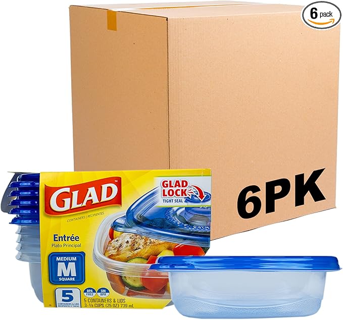 Glad GladWare Entrée Food Storage Containers, Medium Square - Meal Container Holds up to 25 Ounces of Food - Lock Tight Seal, 5 Count - 6 Pack