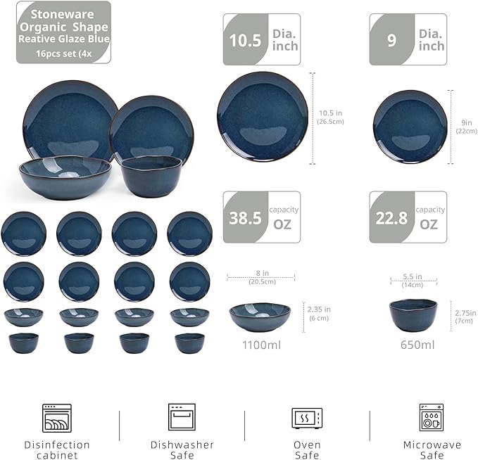 Highland 16pc Dinnerware Set, Unique Organic Shape Double Bowl, Stoneware Plate & Bowl Dish Set Service For 4, Scratch Resistant, Microwave & Dishwasher Safe, Natural Reactive Glaze, Blue