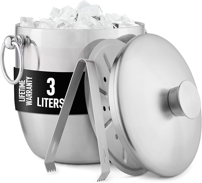 Zulay Kitchen Premium Stainless Steel Double-Wall Insulated Ice Bucket Kit – 3L, Leak-Proof, Stylish Drink Cooler for Parties, Cocktails, Wine, and Whiskey – Perfect for Home & Bar Use