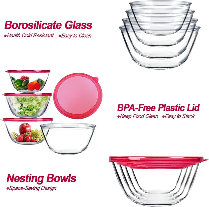 KOMUEE Glass Mixing Bowls with Lids Set, 4-Piece Nesting Kitchen Bowls for Salad, Serving, and Baking, Oven Safe Glass Bowl