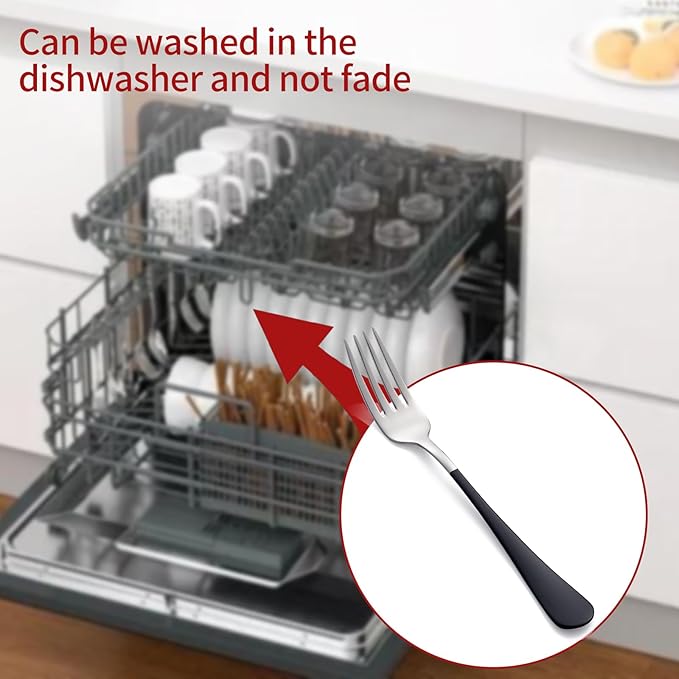 Black Dinner Fork, 18/0 Black handle Stainless Steel Satin Finish 8.1-inch Silverware Flatware Fork Set, Set of 24, Dishwasher Safe