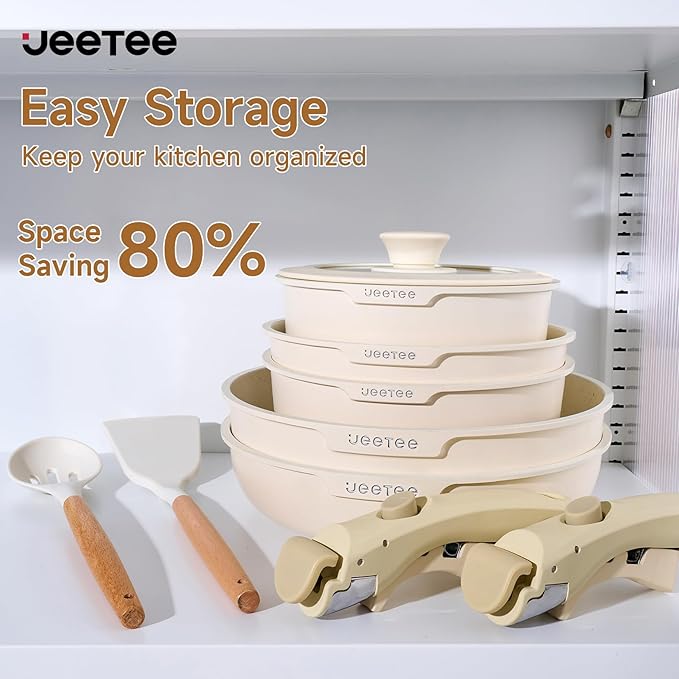 JEETEE Nonstick Pots and Pans Set with Removable/Detackable Handle (Beige, 25 Pieces)
