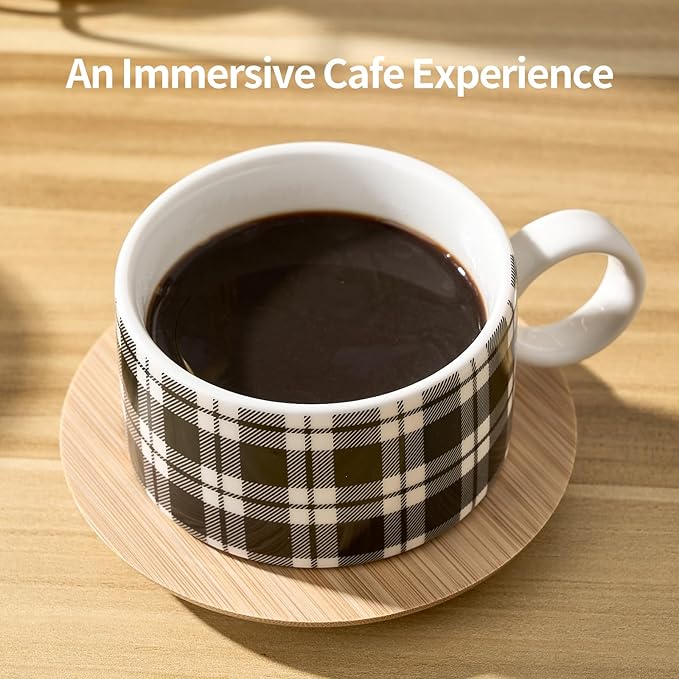 LUKA Porcelain Espresso Cup with Metal Stand,6 Ounce Stackable Ceramic Demitasse Espresso Mugs Cappuccino Cups Set for Latte,Coffee,Cafe Mocha,Tea - Set of 4 (Plaid Red & Gray)