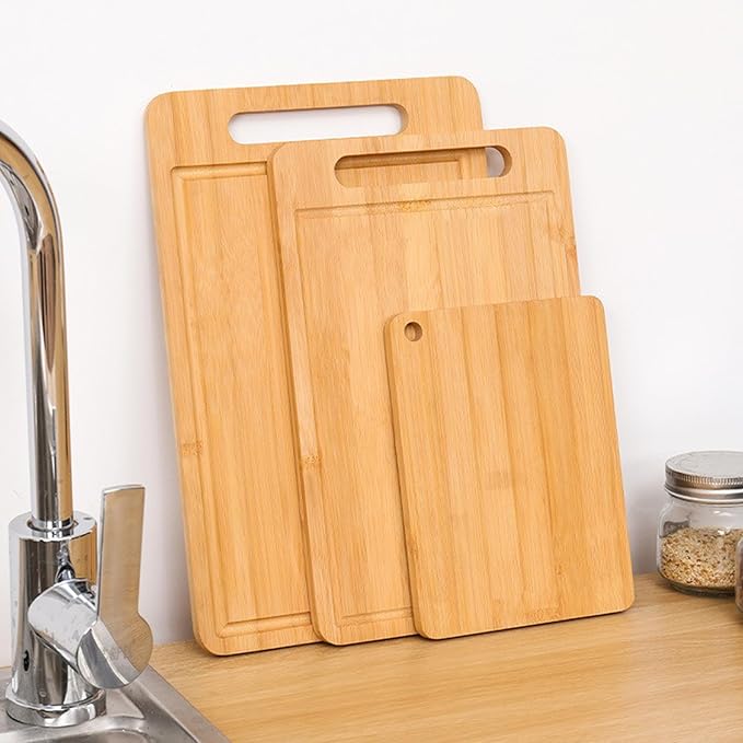 Bamboo Cutting Board Non-Toxic Durable Wooden Cutting Boards for Kitchen with single Sided Deep Juice Grooves Wide Handle Ideal Charcuterie Chopping Board for Meat Vegetables and Fruits【(S+M+L)】