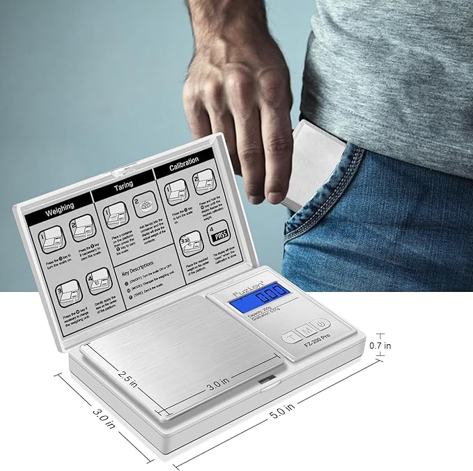 Fuzion Digital Pocket Scale .01 Gram Accuracy, 200g Digital Gram Scales for Small Food, Jewelry, Herb, Spice, Coin - Weight Gram and Oz - 100g Calibration Weight