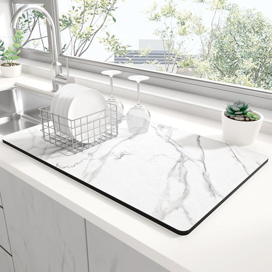 Rnivvi Dish Drying Mat for Kitchen Counter, 12 x 19" Cute Marble Super Absorbent Draining Pad, Non-Slip Heat Resistant Coffee Bar Mats for Coffee Machine Station Accessories, White Dish Rack Pad