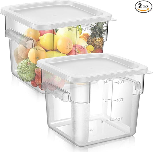2 Pieces Square Food Storage Containers Polycarbonate Clear food Container with Lid Commercial Storage with Graduations for Commercial Kitchen Dough Marinating Meat(White,6 Qt)