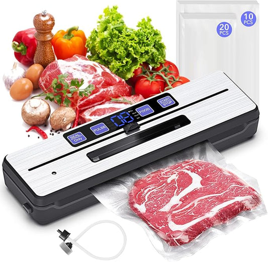 Food Saver Vacuum Sealer Machine + 30 Vacuum Bags, 7-in-1 Multi-Functional Vacuum Sealer, Food Sealer for Freshness Storage, with Dry & Moist Food Modes, Double Heat Seal, Built-in Cutter, Silver
