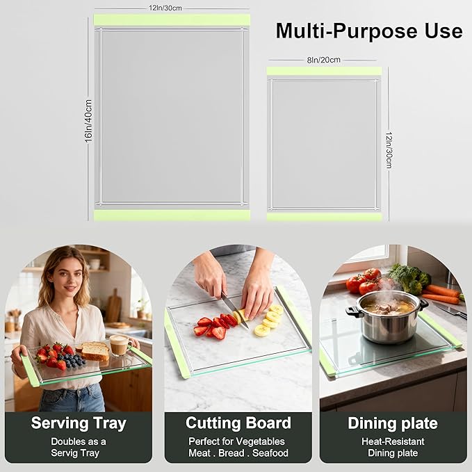 Tempered Glass Cutting Board Set for Kitchen Counter - Dishwasher Safe with Juice Grooves, Non-Slip Silicone Edges & Beveled Grip - 16"x12" & 12"x8" Serving Tray (Green)