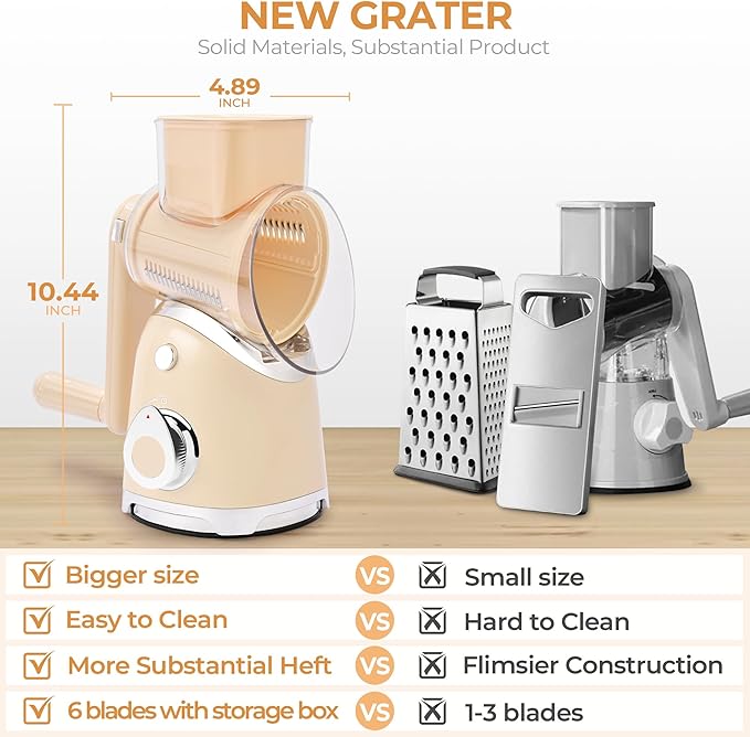 SUSTEAS Rotary Cheese Grater with Handle, Vegetable Slicer, 6 Interchangeable Blades, Reinforced Suction, Easy to Clean, Kitchen Shredder for Crushed Ice, Fruits, Nuts with Blade Storage Case, Beige
