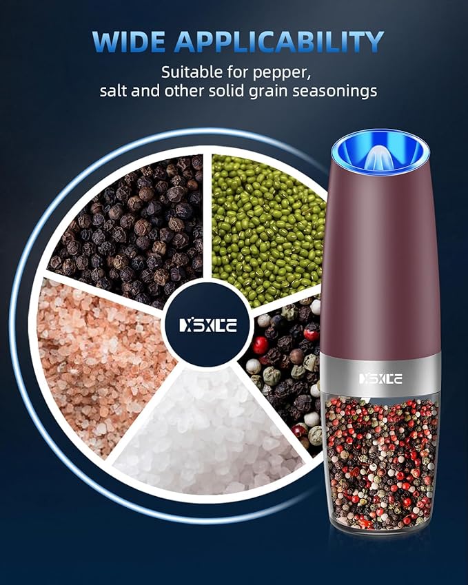 XinXu Gravity Electric Pepper Grinder, Salt or Pepper Mill & Adjustable Coarseness, with LED Light, One Hand Automatic Operation (Set/RoseRed)