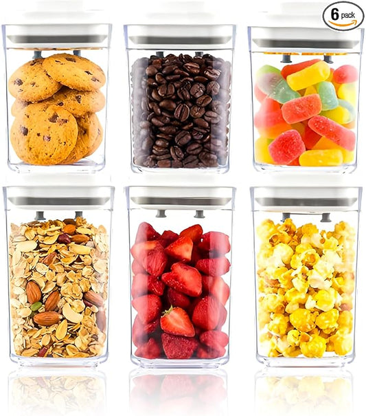 Pop Top Food Storage Container Set | 6Pcs Airtight Cereal Storage Organizer Canisters with Pop Lids, BPA-Free, Vacuum Seal & One-button Opening, Stackable Pantry Containers for Dry Food Storage