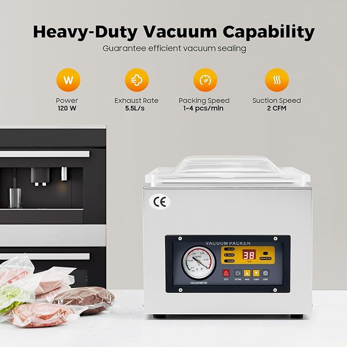 Commercial Chamber Vacuum Sealer - 120W Automatic Food Saver Chamber Vacuum Sealer with 260mm Seal Bar, Stainless Steel Packaging Machine Sealer for Home Kitchen