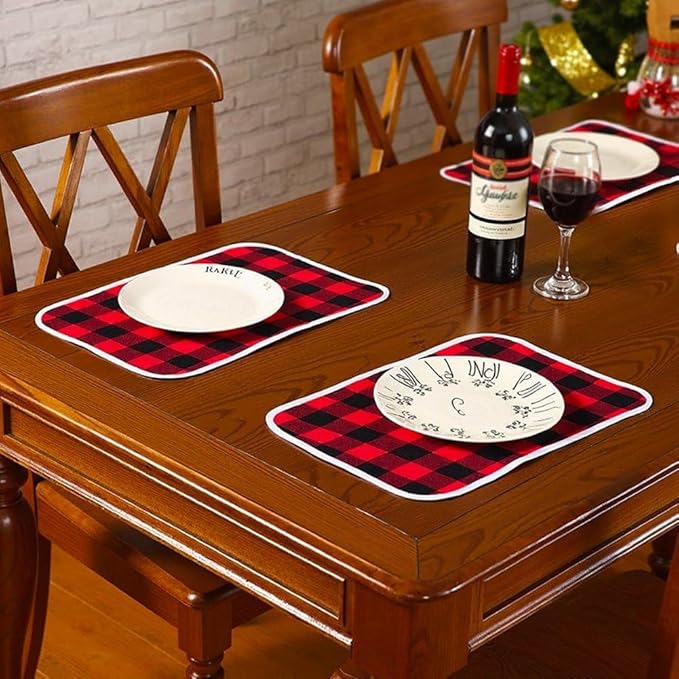 Christmas Placemats 6 Pcs Buffalo Check Placemats Red Black Plaid Reversible Place Mat for Holiday Home Table Christmas Decoration