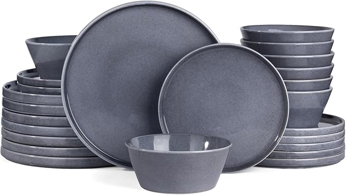 Famiware Plates and Bowls Sets, Annecy Stoneware Dinnerware Sets for 8, 24 Pieces Dish Set, Plate with Lip Edge, Reactive Glaze Tableware - Microwave & Dishwasher Safe, Misty-Blue