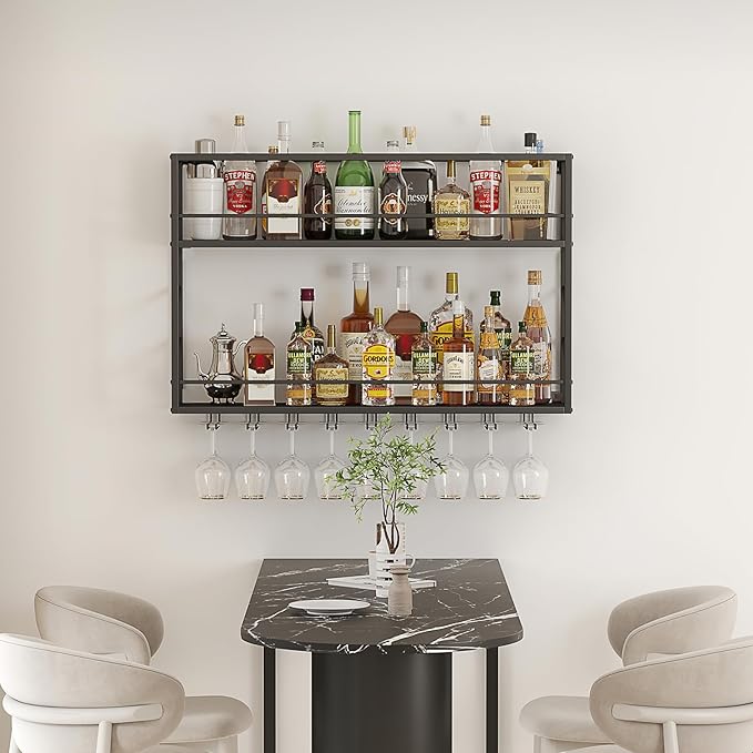Wall Mounted Wine Rack, 2-Tier Wall Bar Shelves for Liquor Bottles, Metal Bottle Holder Wine for Wine Storage & Display for Home Bar & Dining Room (39.3×7.8×26in)