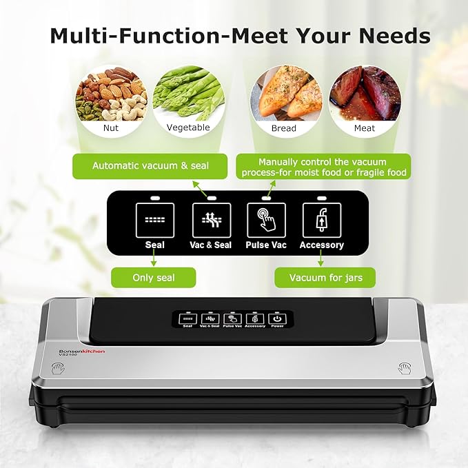 Bonsenkitchen Vacuum Sealer Machine + Mason Jar Sealer Kit, Fast-Compact/Multi-Functional Food Vacuum Sealer with External Vacuum System & 40 Vacuum Bags, Silver