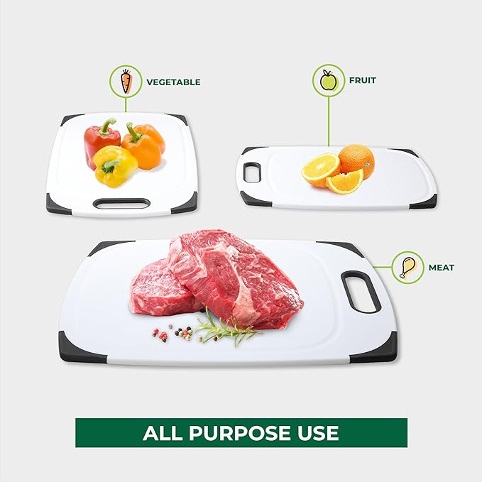 Plastic Cutting Boards for Kitchen, Cutting Board Set of 3, Juice Grooves with Easy Grip Handle, BPA-Free, Non-Porous, Dishwasher Safe, White