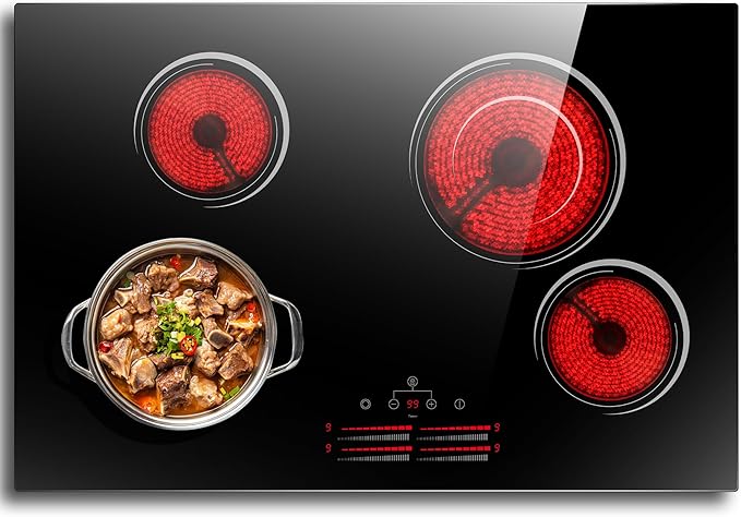Electric Cooktop 30 Inch, 4 Burner Electric Stove with Slide Control, Built-in Radiant Electrical Cooktop 6500W, 9 Power Level & Safety Lock, Timer, Residual Heat Indicator 220V(No Plug) Nefaracy