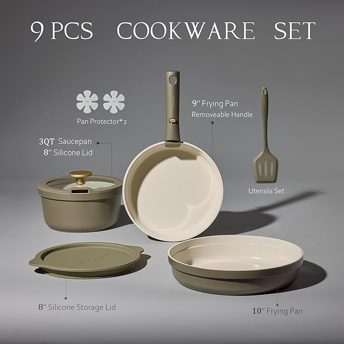 Carote 9pcs Ceramic Cookware Set with Detachable Handles, Pots and Pans Set Non Stick, RV Kitchen Cooking Pot and Pan, Dishwasher Safe, Non-toxic Induction Cookware PFAS and PFOA Free, Green