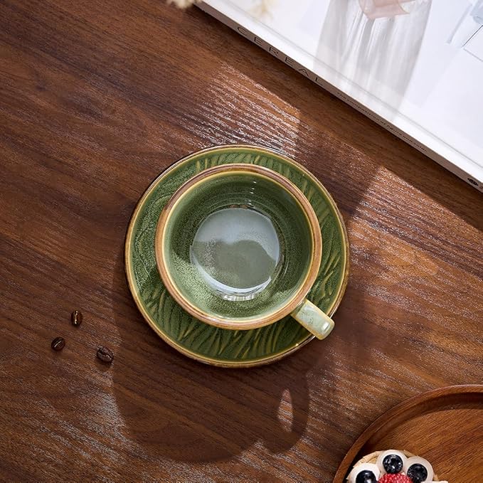 Vintage Design 12 oz Ceramic Latte Art Cappuccino Barista Cup with Saucer (Wave Green)