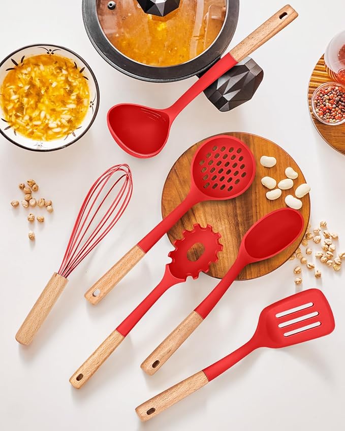 Kitchen Utensils Set, 13PCS Silicone Cooking Utensils, Heat Resistant Kitchen Utensil Spatula Set for Nonstick Cookware, Wooden Handles Kitchen Gadgets Tools Set (RED)