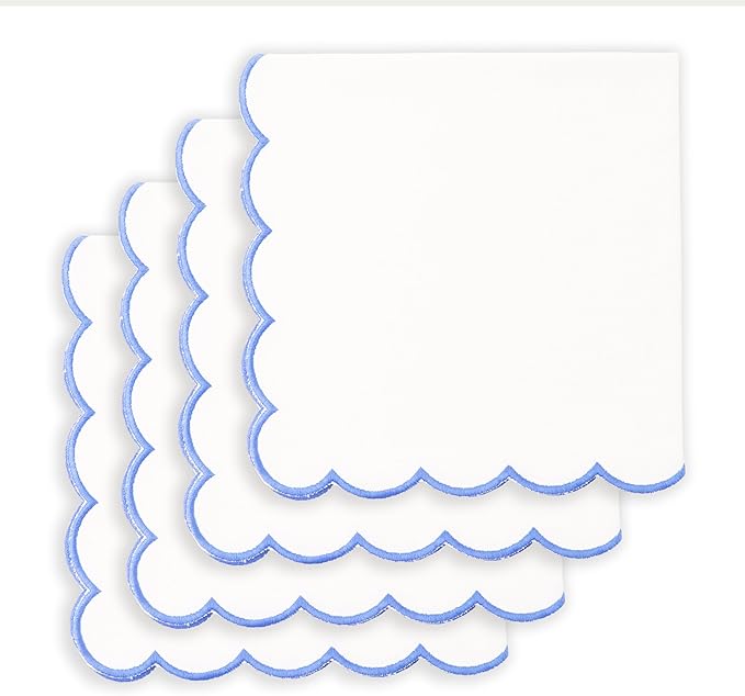 PurpleEssences Scalloped Embroidery Cloth Napkins Christmas Holiday Winter Table Decor 100% Cotton Set of 4-18 x 18 inch - White - Edges - Light Blue