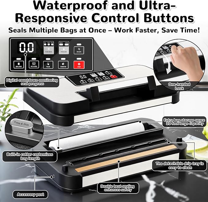 95Kpa Powerful Vacuum Sealer Machine, 11-in-1 Automatic Food Sealer with Double Seal, Built-in Cutter & Bag Storage, for Dry Moist Food Preservation, Extend Freshness 8X Longer