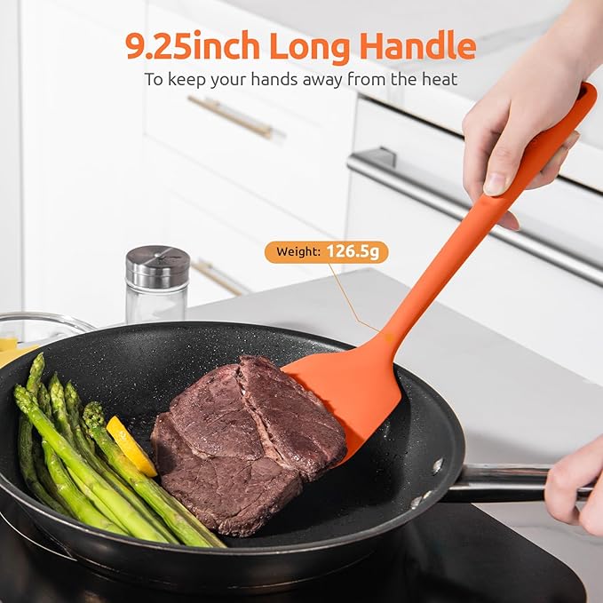 600ºF Heat Resistant Silicone Turners: U-Taste 13.6in Long Solid & Slotted Kitchen Spatula Flipper, Large Flexible Cooking Utensil for Flipping Egg, Pancake in Nonstick Cookware(Orange, 2PCS)