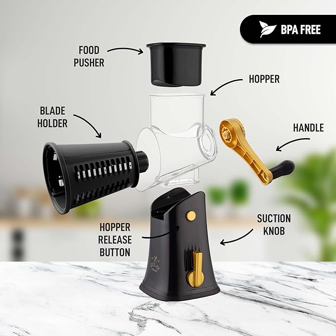 Zulay Kitchen Rotary Cheese Grater 5 Blade Cheese Shredder - Manual Hand Crank Cheese Grater With Reinforced Suction & 5 Interchangeable Drums - Easy to Use, Vegetable Chopper Round Mandoline Slicer