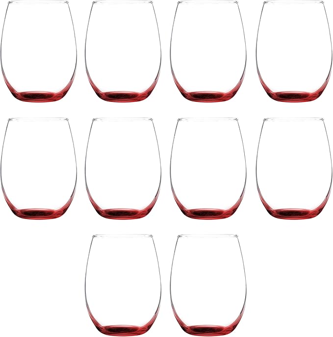 DISCOUNT PROMOS Stemless Wine Glass 9 oz. Set of 10, Bulk Pack - Great for Wedding Favors, Bachelorette Party and More - Red Bottom Color